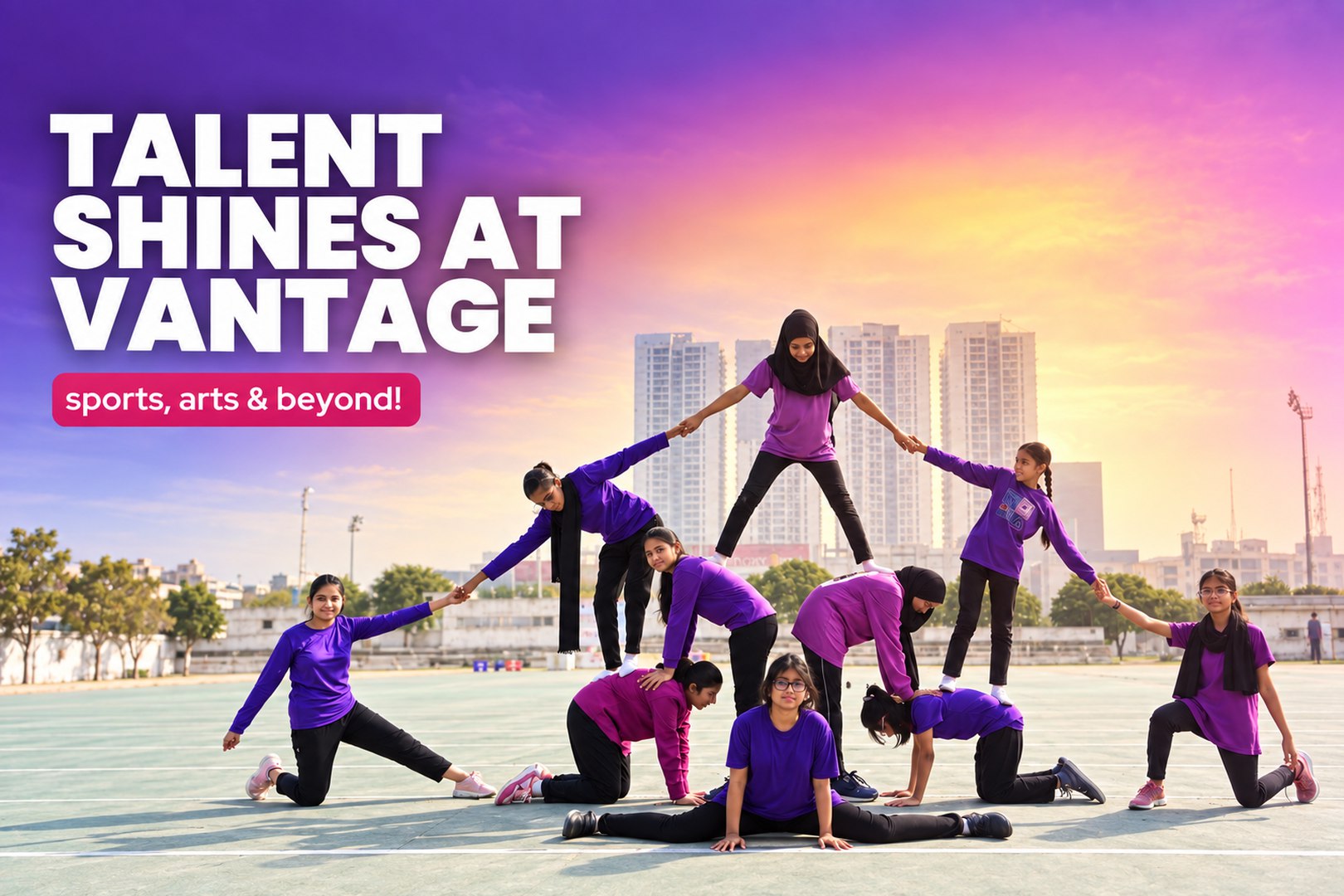 Vantage students holding a group gymnastics formation on the track, under the school's Talent Shines at Vantage banner
